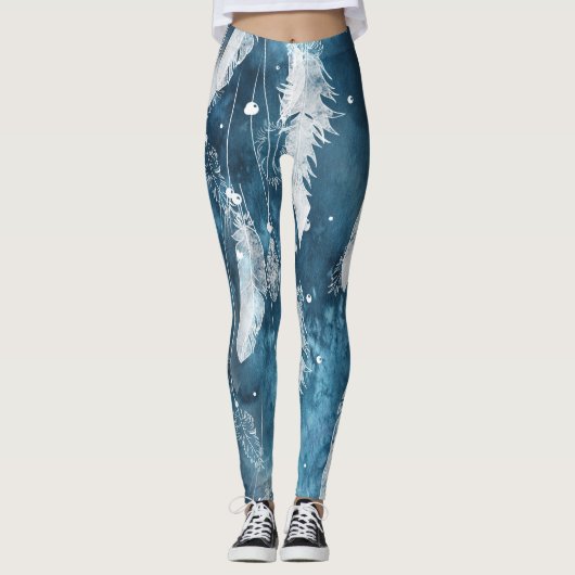 Vallende witte veren, blauwe waterverf. leggings (Voorkant)