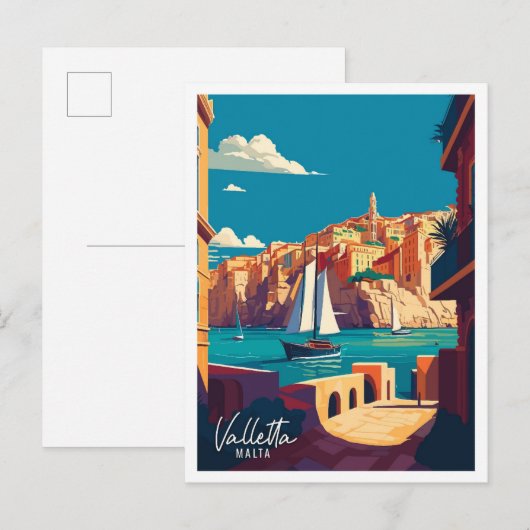 Valletta Malta Art vintage reisillustratie Briefkaart (Voorkant / Achterkant)