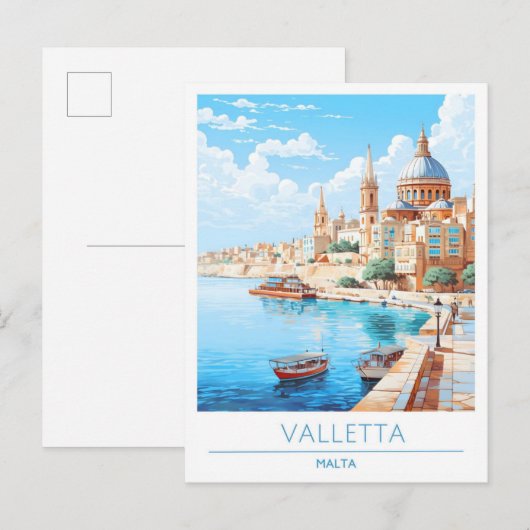 Valletta Malta Art Vintage Travel Briefkaart (Voorkant / Achterkant)