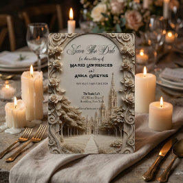 Vals bas-reliëf gesneden bloemengang save the date