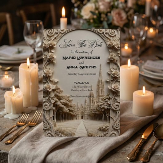 Vals bas-reliëf gesneden bloemengang save the date
