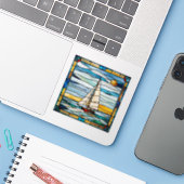 Vals gebrandschilderd zeilbootsticker sticker (Laptop met iPhone)