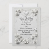 Vals Gebruikte Witte Roos Reliëf Save The Date (Voorkant)