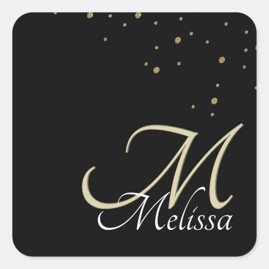 Vals Relief Monogram en Gouden Confetti Vierkante Sticker (Voorkant)
