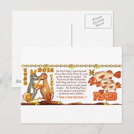 ValxArt Zodiac Earth Dog Pisces, geboren in 1958 2 Briefkaart (Voorkant / Achterkant)
