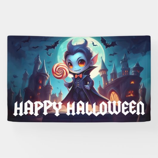 Vampier eten Snoep Happy Halloween Spandoek (Horizontaal)