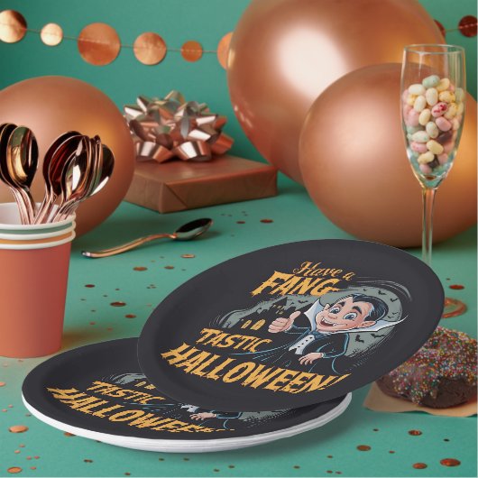 Vampier Funny heeft een Fang-Tastic Halloween Papieren Bordje (Multi)