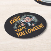 Vampier Funny heeft een Fang-Tastic Halloween Ronde Kartonnen Onderzetter (Gebogen)