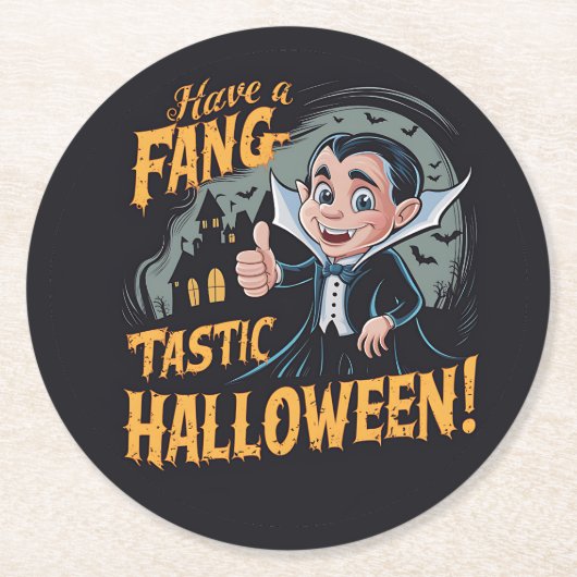 Vampier Funny heeft een Fang-Tastic Halloween Ronde Kartonnen Onderzetter (Voorkant)