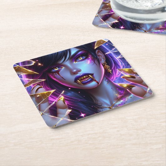 Vampier met gouden ogen en tanden Halloween Kartonnen Onderzetters (Schuin)