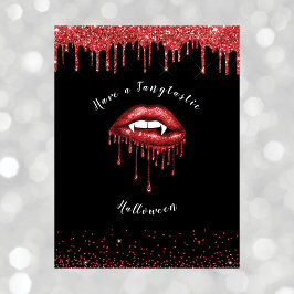 Vampier Rood Glitter Lips & Fangs Halloween Zwart Feestdagenkaart