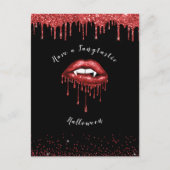 Vampier Rood Glitter Lips & Fangs Halloween Zwart Feestdagenkaart (Voorkant)