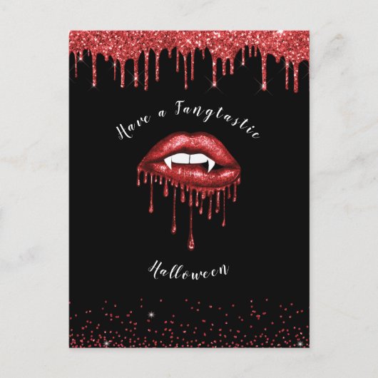 Vampier Rood Glitter Lips & Fangs Halloween Zwart Feestdagenkaart (Voorkant)