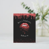 Vampier Rood Glitter Lips & Fangs Halloween Zwart Feestdagenkaart (Staand voorkant)