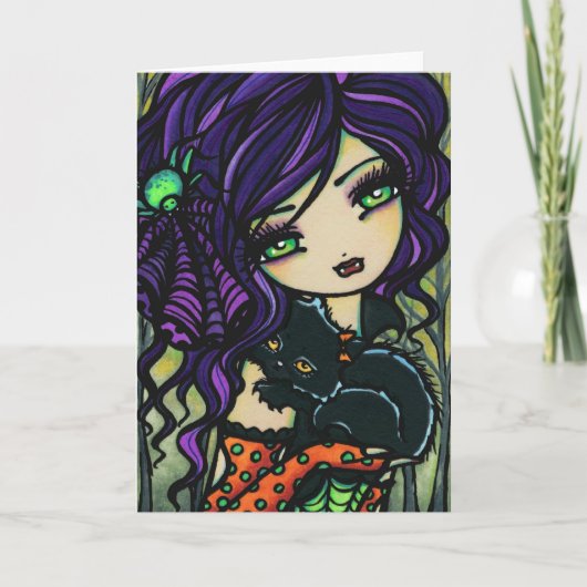 Vampier Zwarte Kat Halloween Fantasy Fairy Art Kaart (Voorkant)