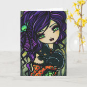 Vampier Zwarte Kat Halloween Fantasy Fairy Art Kaart (Gele Bloem)