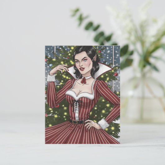 Vampierdame in rode jurk met strepen Kerstmis Briefkaart (Staand voorkant)