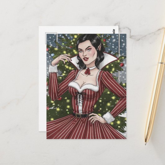 Vampierdame in rode jurk met strepen Kerstmis Briefkaart (Voorkant / Achterkant in situ)