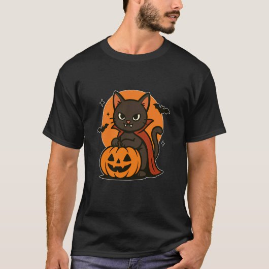 Vampierkat met Pompoenmaan T-shirt (Voorkant)