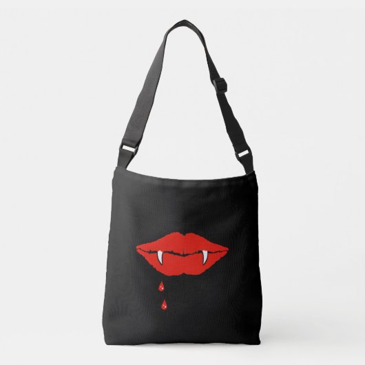Vampierlippen met fangs die op zwart bloed druppel crossbody tas (Voorkant)