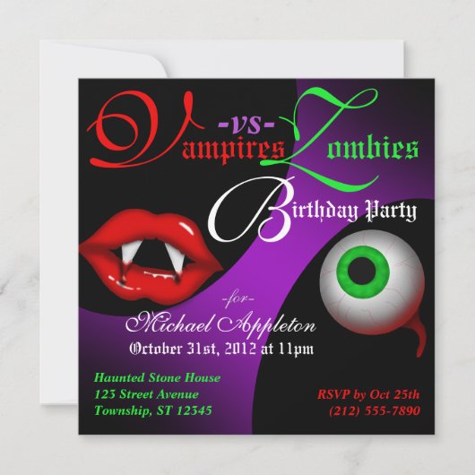 Vampiers vs Zombies Halloween Birthday Invitations Kaart (Voorkant)