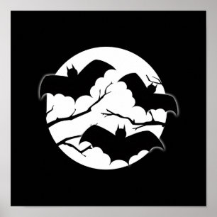 Vampire Bats Trees Silhouette Full Moon Halloween Poster