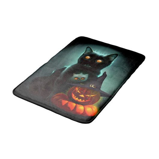 Vampire Cat and Wizard Pumpkin Halloween Surreal Badmat (Gekanteld)