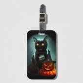 Vampire Cat and Wizard Pumpkin Halloween Surreal Bagagelabel (Voorkant (verticaal))