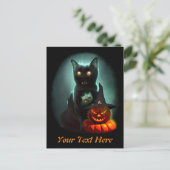 Vampire Cat and Wizard Pumpkin Halloween Surreal Briefkaart (Staand voorkant)