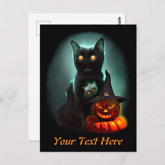 Vampire Cat and Wizard Pumpkin Halloween Surreal Briefkaart (Voorkant / Achterkant)