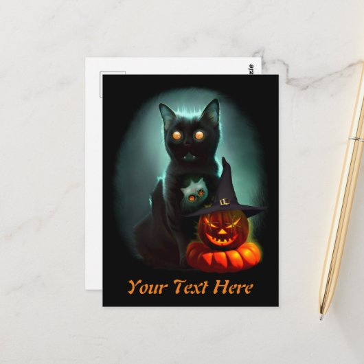 Vampire Cat and Wizard Pumpkin Halloween Surreal Briefkaart (Voorkant / Achterkant in situ)