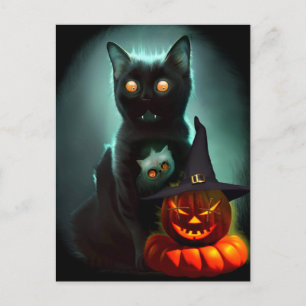 Vampire Cat and Wizard Pumpkin Halloween Surreal Briefkaart