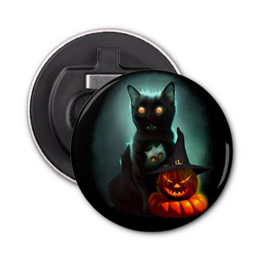 Vampire Cat and Wizard Pumpkin Halloween Surreal Button Flesopener (Voorkant)