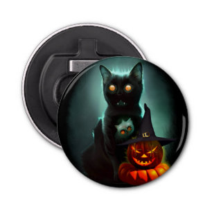 Vampire Cat and Wizard Pumpkin Halloween Surreal Button Flesopener