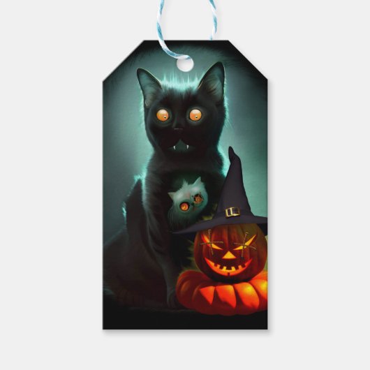 Vampire Cat and Wizard Pumpkin Halloween Surreal Cadeaulabel (Voorkant)