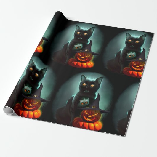 Vampire Cat and Wizard Pumpkin Halloween Surreal Cadeaupapier (Uitgerold)