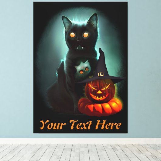 Vampire Cat and Wizard Pumpkin Halloween Surreal Canvas Afdruk (Insitu (Houten vloer))