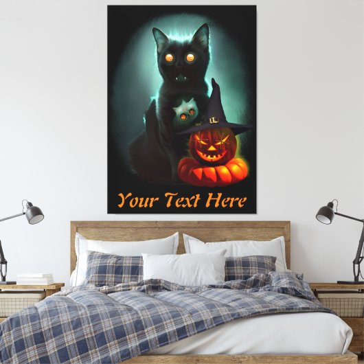 Vampire Cat and Wizard Pumpkin Halloween Surreal Canvas Afdruk (Insitu (Slaapkamer))