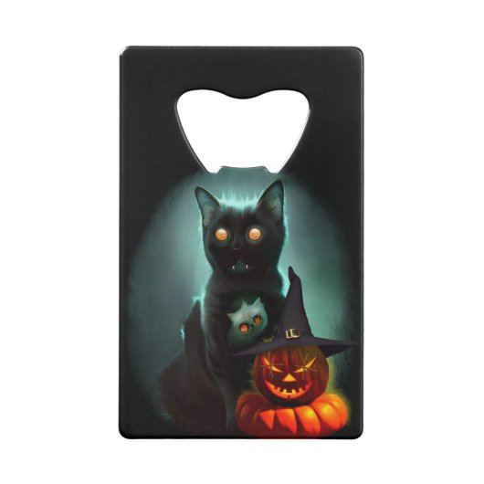 Vampire Cat and Wizard Pumpkin Halloween Surreal Creditkaart Flessenopener (Achterkant)