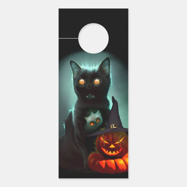 Vampire Cat and Wizard Pumpkin Halloween Surreal Deurhanger (Voorkant)