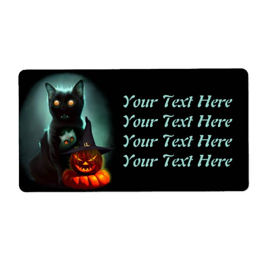 Vampire Cat and Wizard Pumpkin Halloween Surreal Etiket (Voorkant)