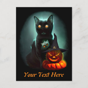 Vampire Cat and Wizard Pumpkin Halloween Surreal Feestdagenkaart