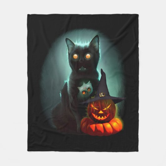 Vampire Cat and Wizard Pumpkin Halloween Surreal Fleece Deken (Voorkant)