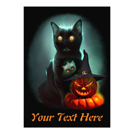 Vampire Cat and Wizard Pumpkin Halloween Surreal Foto Afdruk (Voorkant)