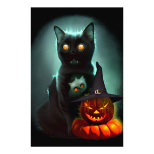 Vampire Cat and Wizard Pumpkin Halloween Surreal Foto Afdruk