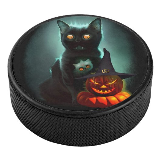 Vampire Cat and Wizard Pumpkin Halloween Surreal Hockey Puck (3/4)