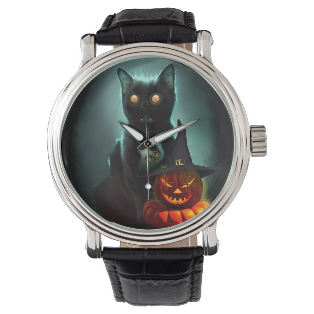 Vampire Cat and Wizard Pumpkin Halloween Surreal Horloge (Voorkant)