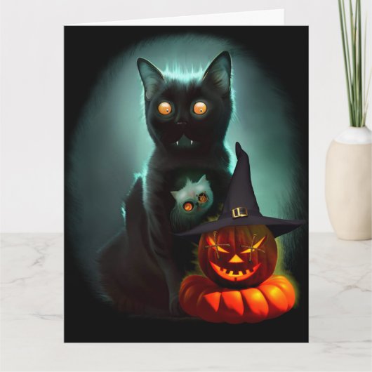 Vampire Cat and Wizard Pumpkin Halloween Surreal Kaart (Voorkant)