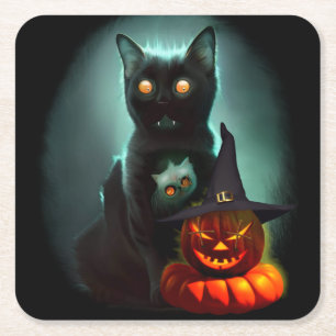 Vampire Cat and Wizard Pumpkin Halloween Surreal Kartonnen Onderzetters