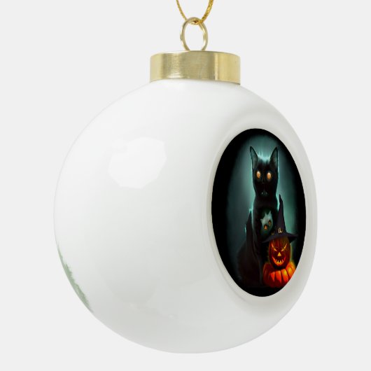 Vampire Cat and Wizard Pumpkin Halloween Surreal Keramische Bal Ornament (Links)